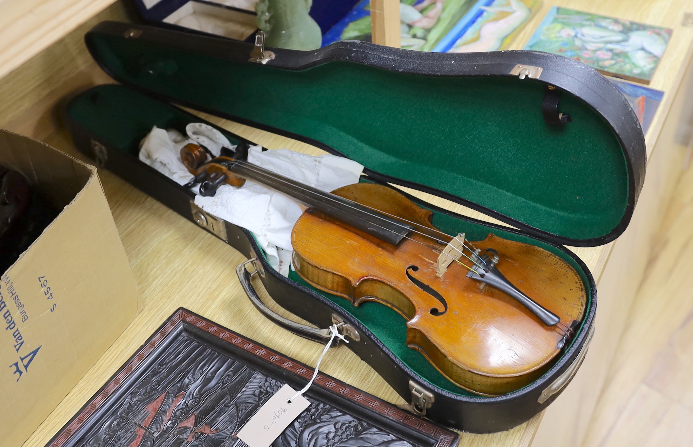 A 19th century German violin, back measures 33cm, cased